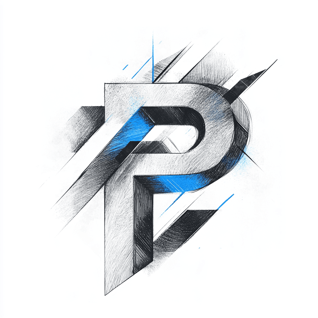 Abstract geometric design featuring a stylized letter P with blue and black shading on a white background.