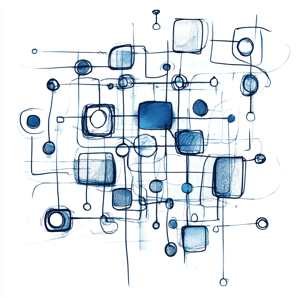 Abstract drawing of interconnected squares and circles in shades of blue, resembling a complex network or circuitry.