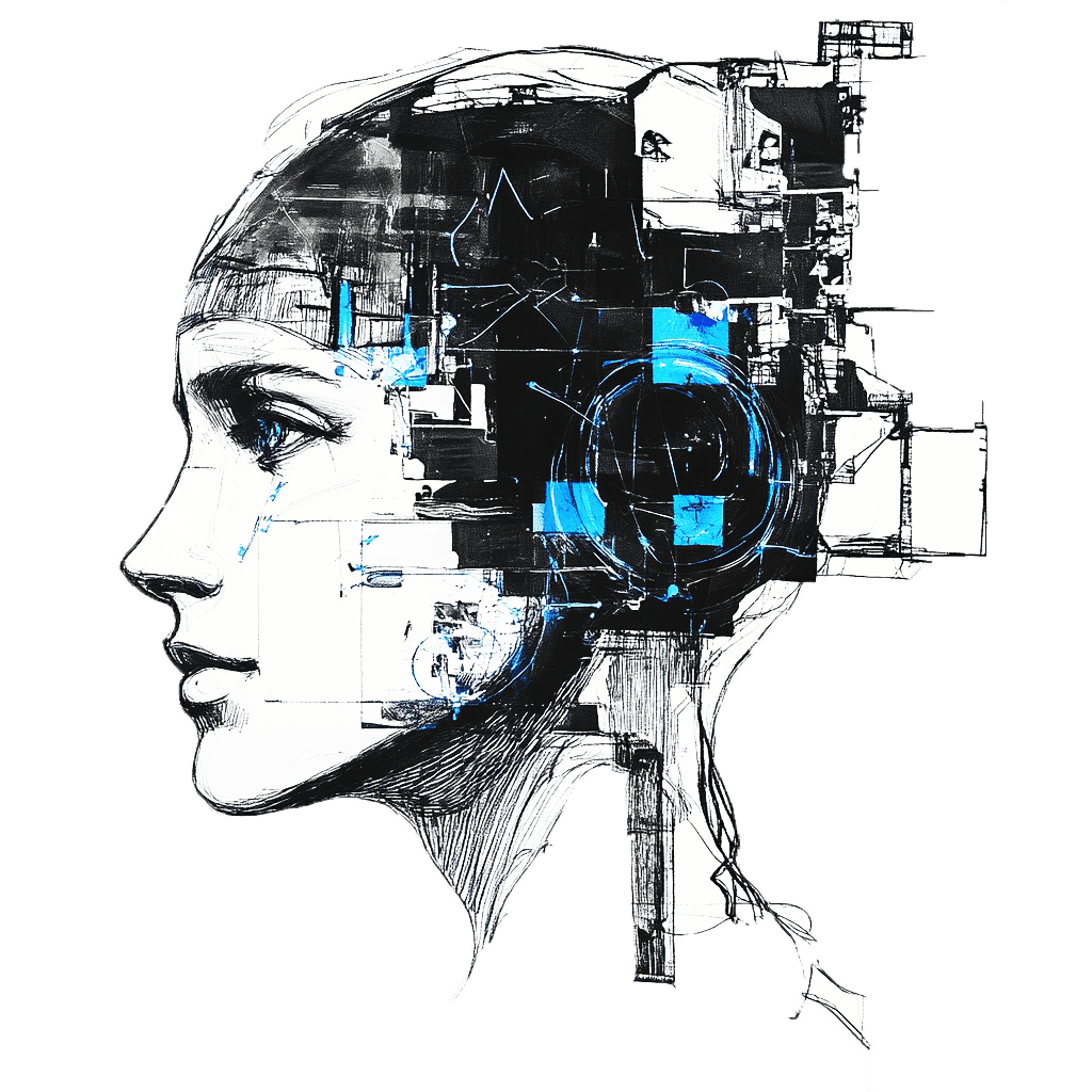 Abstract illustration of a human head with futuristic and geometric elements in black and blue.