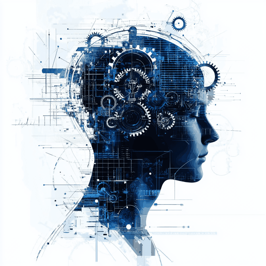 Artistic illustration of a human profile with gears and circuits representing artificial intelligence.