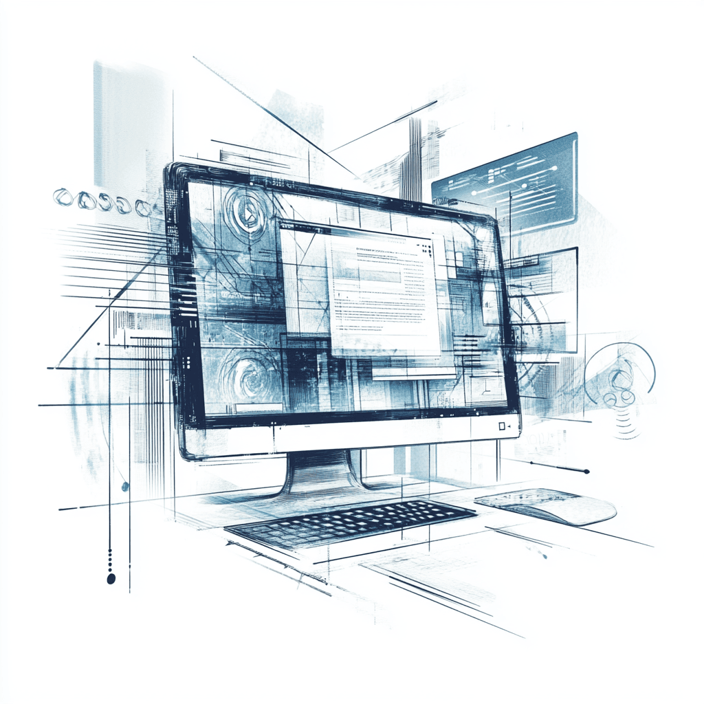 Abstract digital illustration of a computer workstation with multiple screens displaying various technical elements and data.