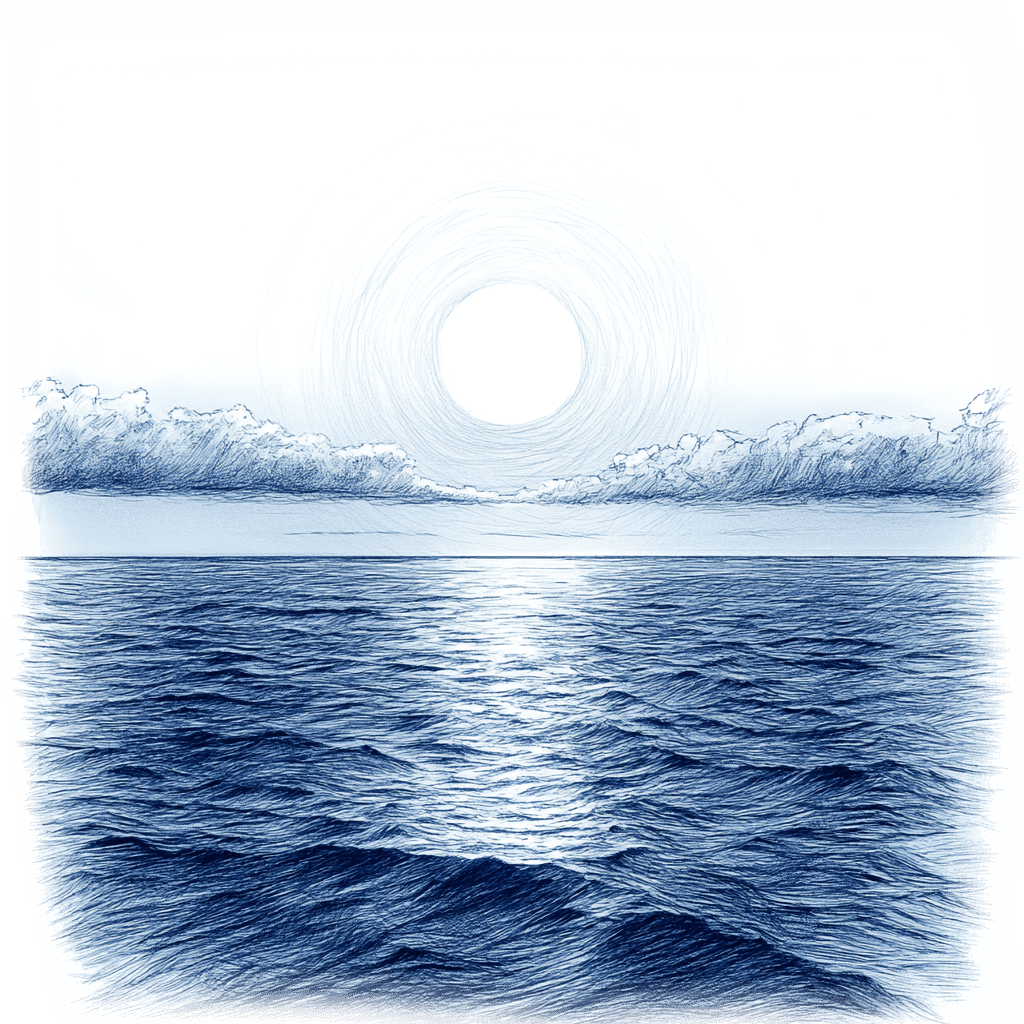 Pencil sketch of an ocean with clouds and sun, reflecting on the water.