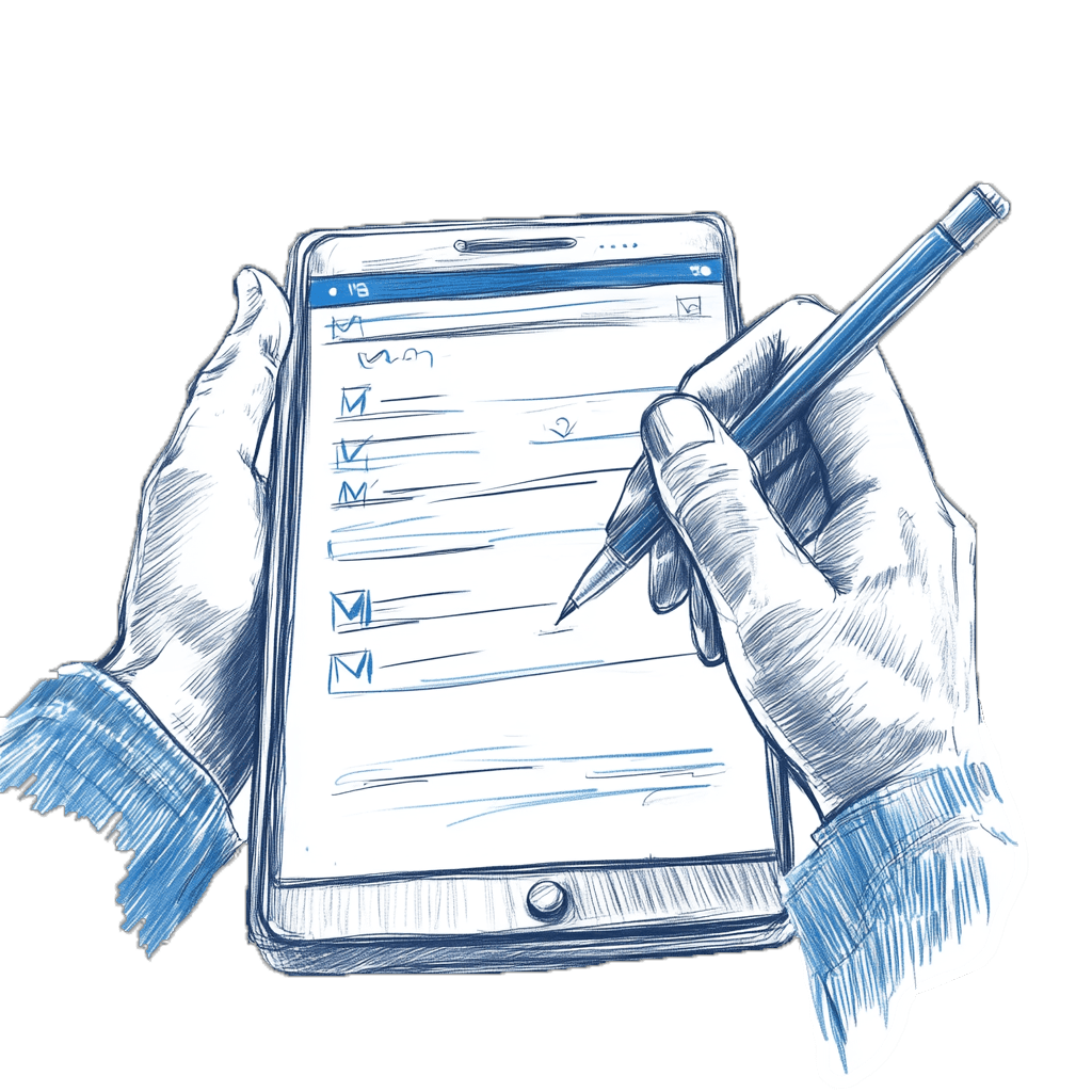 Sketch of hands holding a tablet with a checklist while writing with a pen.