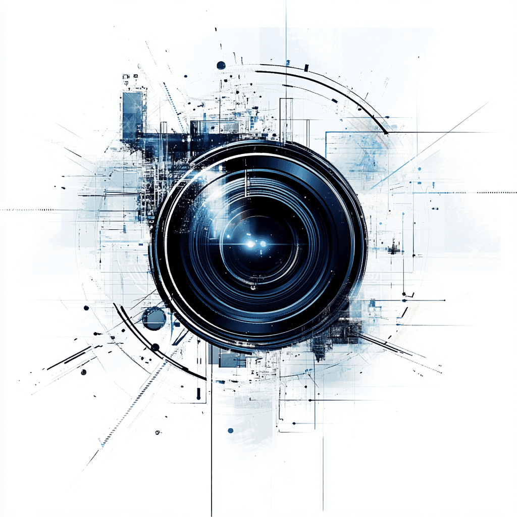 Abstract digital art of a large camera lens with geometric lines and blue accents on a white background.