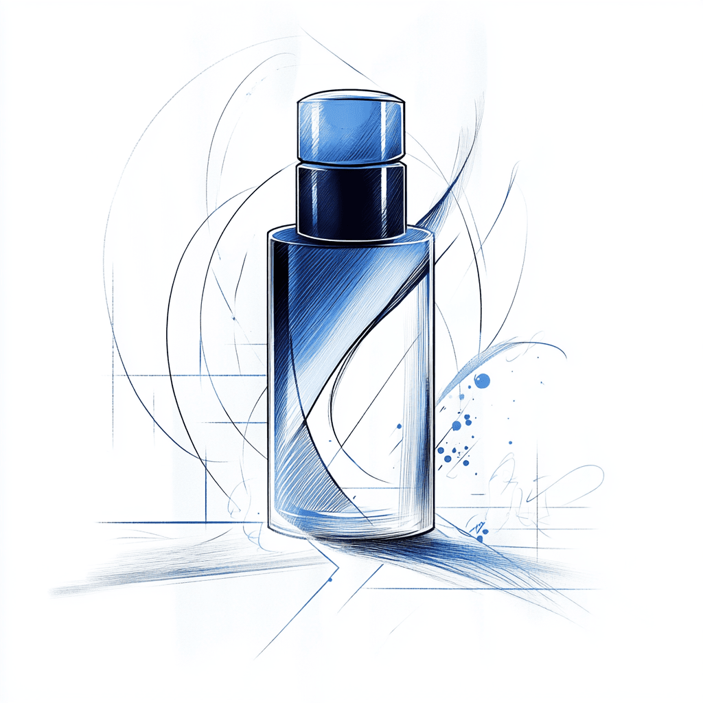 Artistic representation of a blue glass bottle with abstract lines and splashes in the background.